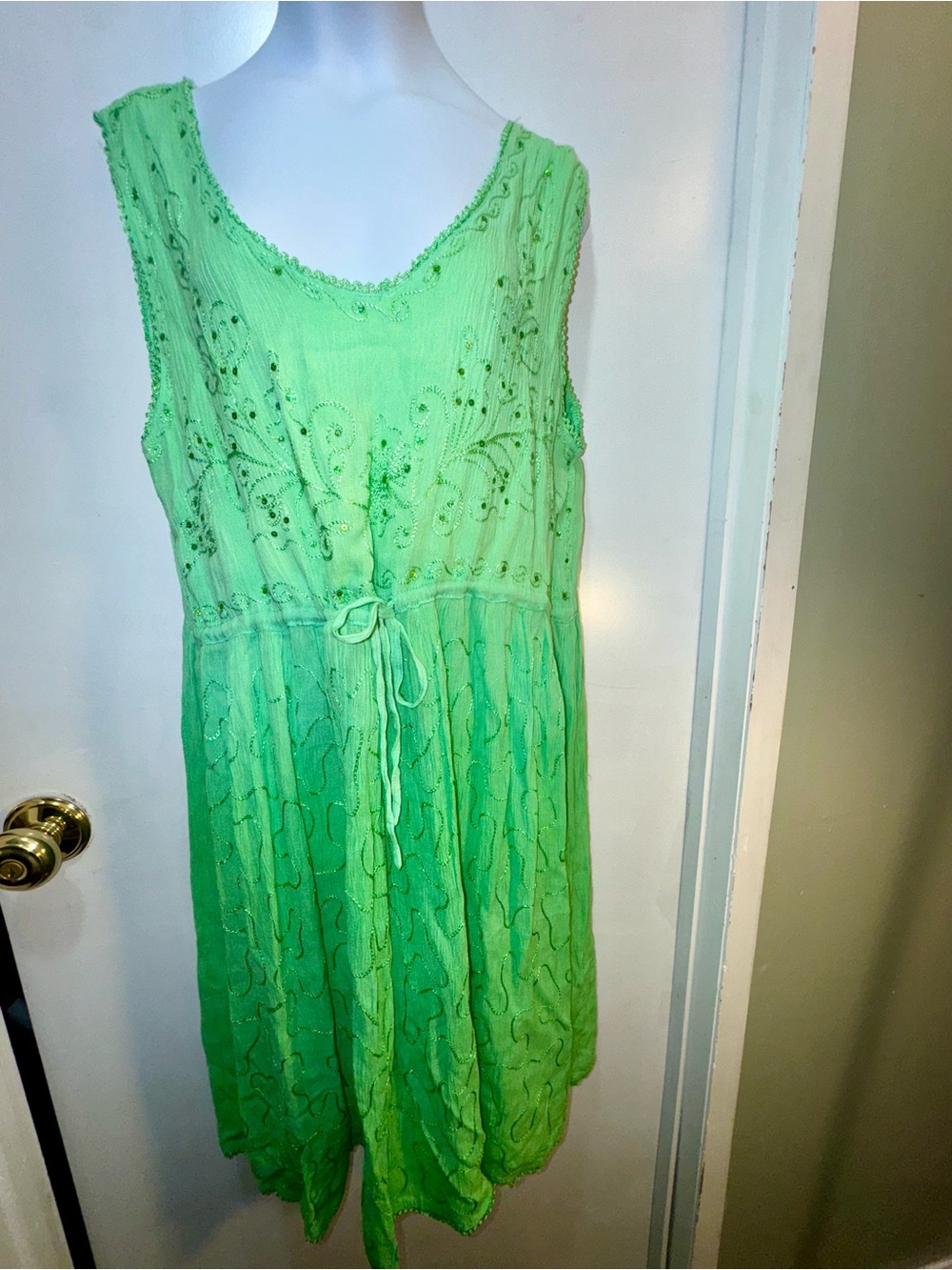 raya sun Lime Green Embroidered Sleeveless Midi Dress